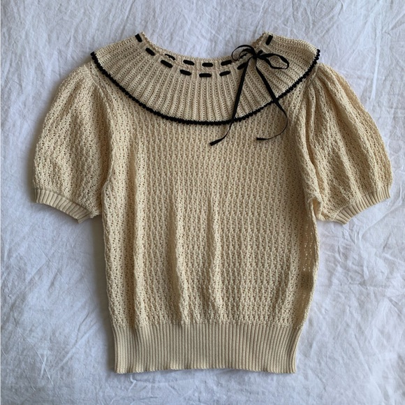 Doen Glenda Pima Cotton Ribbon Bow Short Sleeve Knit Sweater Top Cream Black - Picture 7 of 12